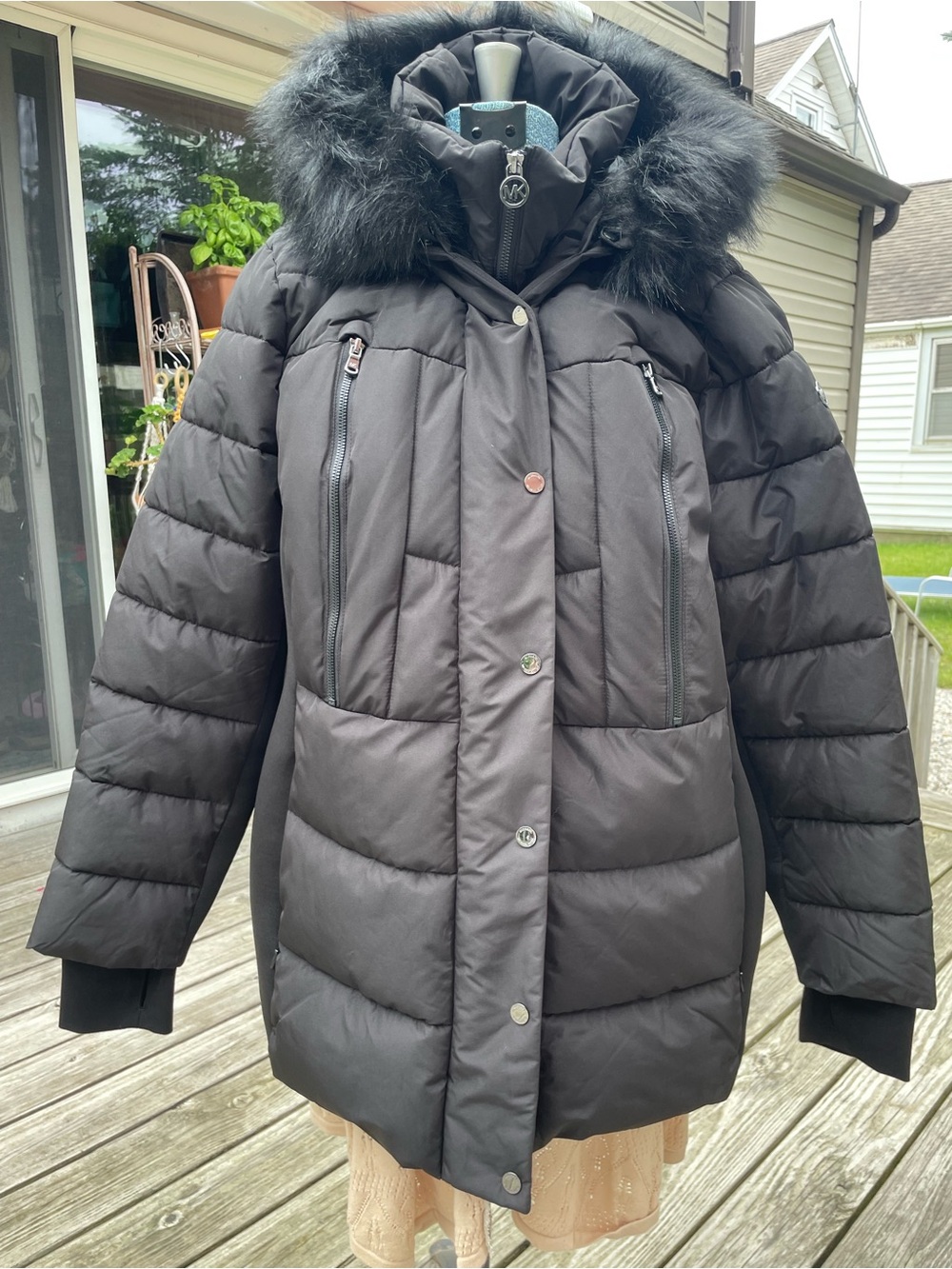 Michael Kors Black Quilted Puffer Coat with Faux Fur Hood